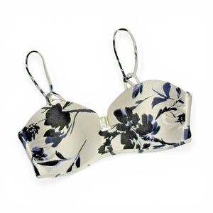 ATHLETA Floral Bikini Top Blue White Square Plunge Neck Swim Small EUC